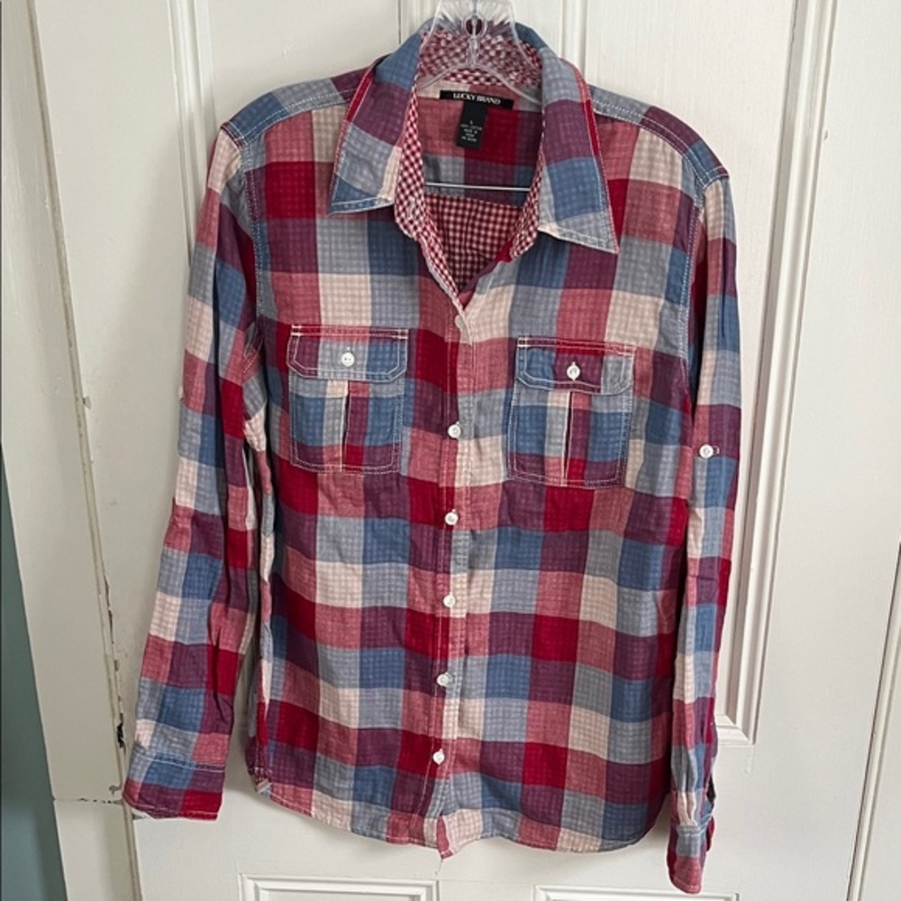 Lucky Brand Women's Red and Blue Plaid Button Down Shirt